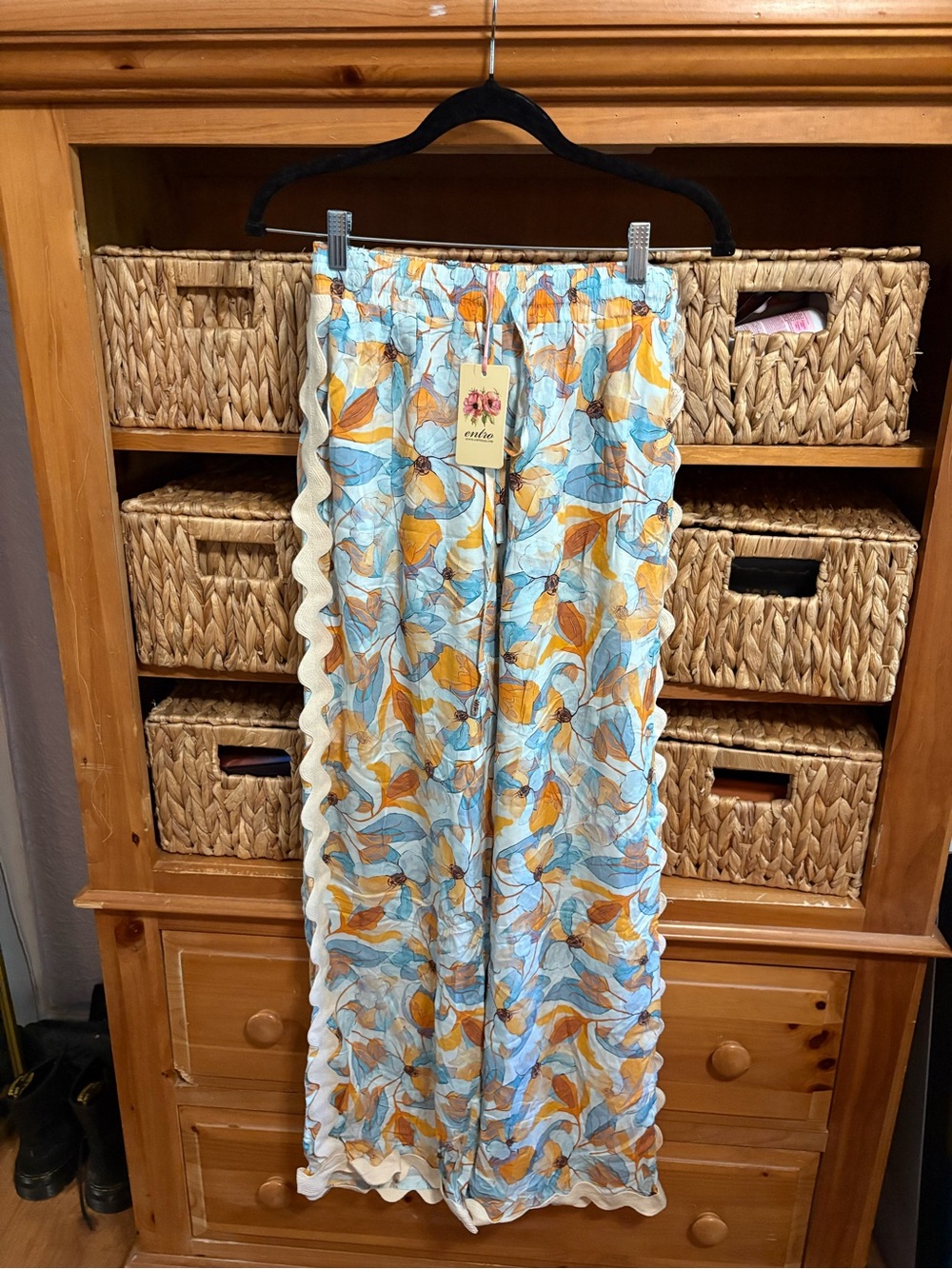 Entro Women’s Light Blue and Mustard Floral Wide-Leg Pants